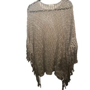 Taylor & Sage Womens Beige Open Knit Fringe Poncho Sweater Size M Boho Hippie